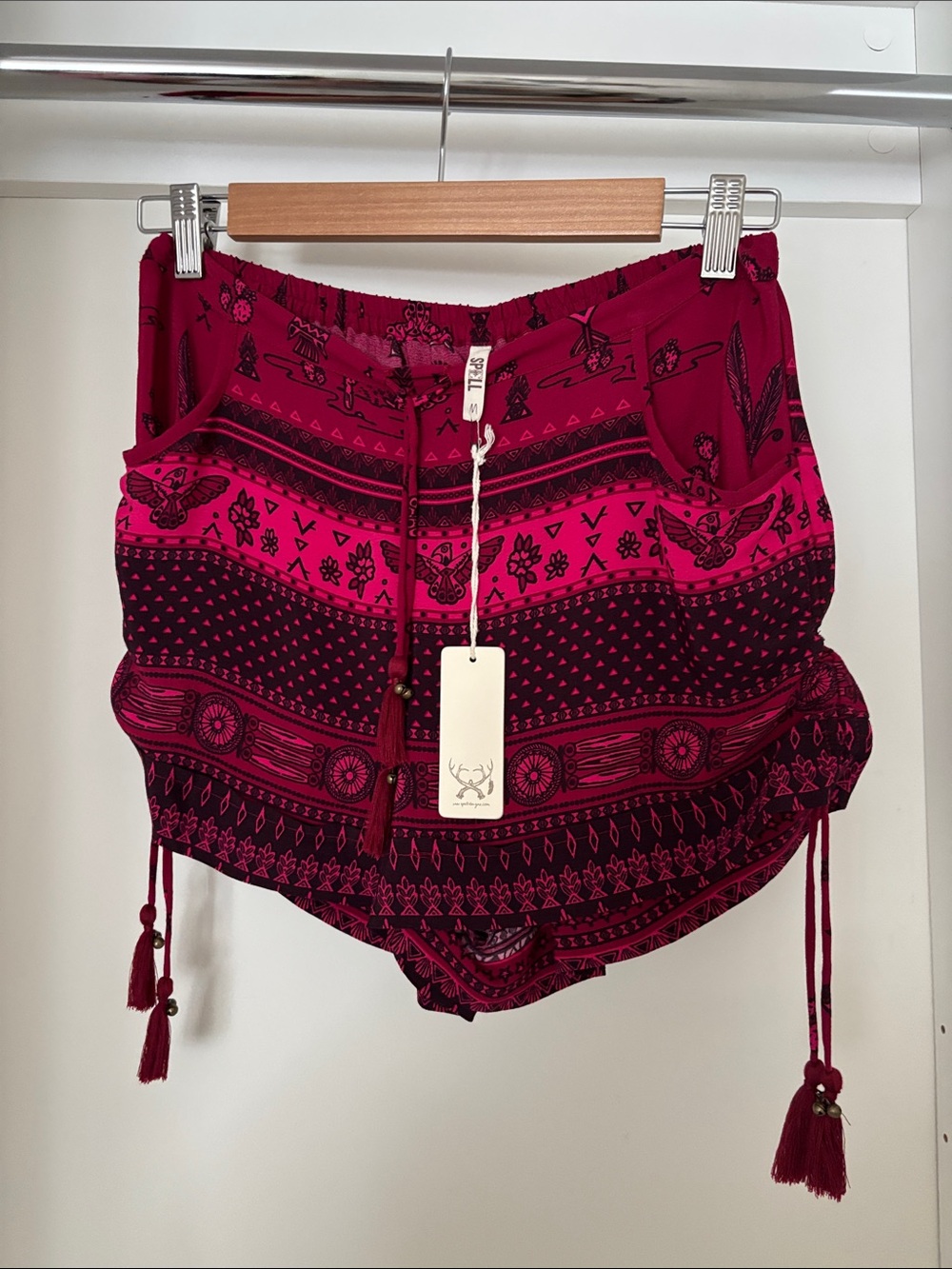 Spell High-Waist Magenta Patterned Tassel Shorts